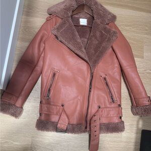 Avec Les Filles Pink Faux Leather Jacket with Shearling Trim